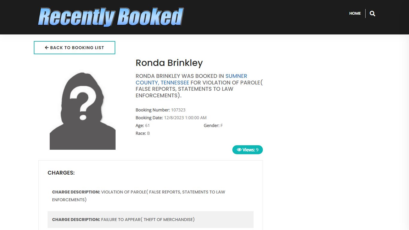 Recent Booking / Mugshot for Ronda Brinkley in Sumner County, Tennessee